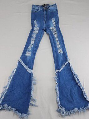 JC & JQ Women's S 22x32 Mid Rise Distressed Ripped Flare Bell Bottom Jeans Blue